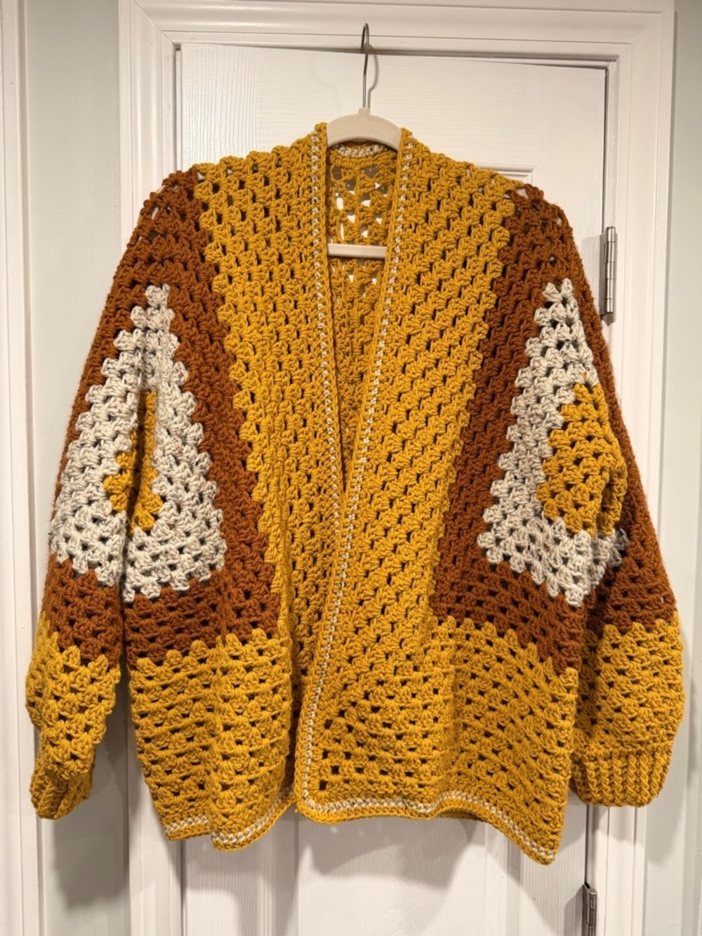 Handmade Crochet Granny Square One Size Cozy Cardigan Boho Chunky Knit Sweater